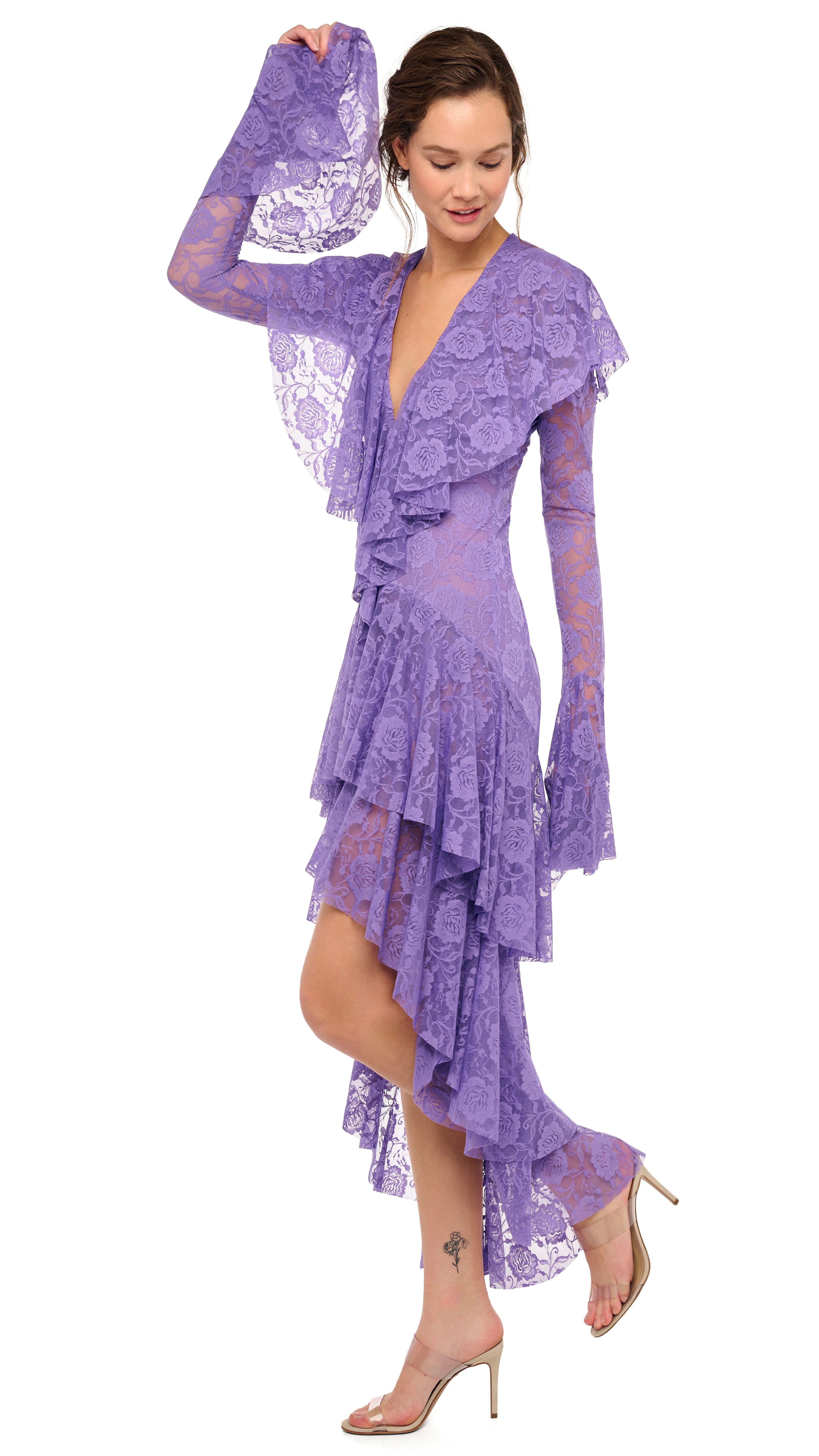 HI LOW LONG SLEEVE DEEP V RUFFLE GOWN - Image 7