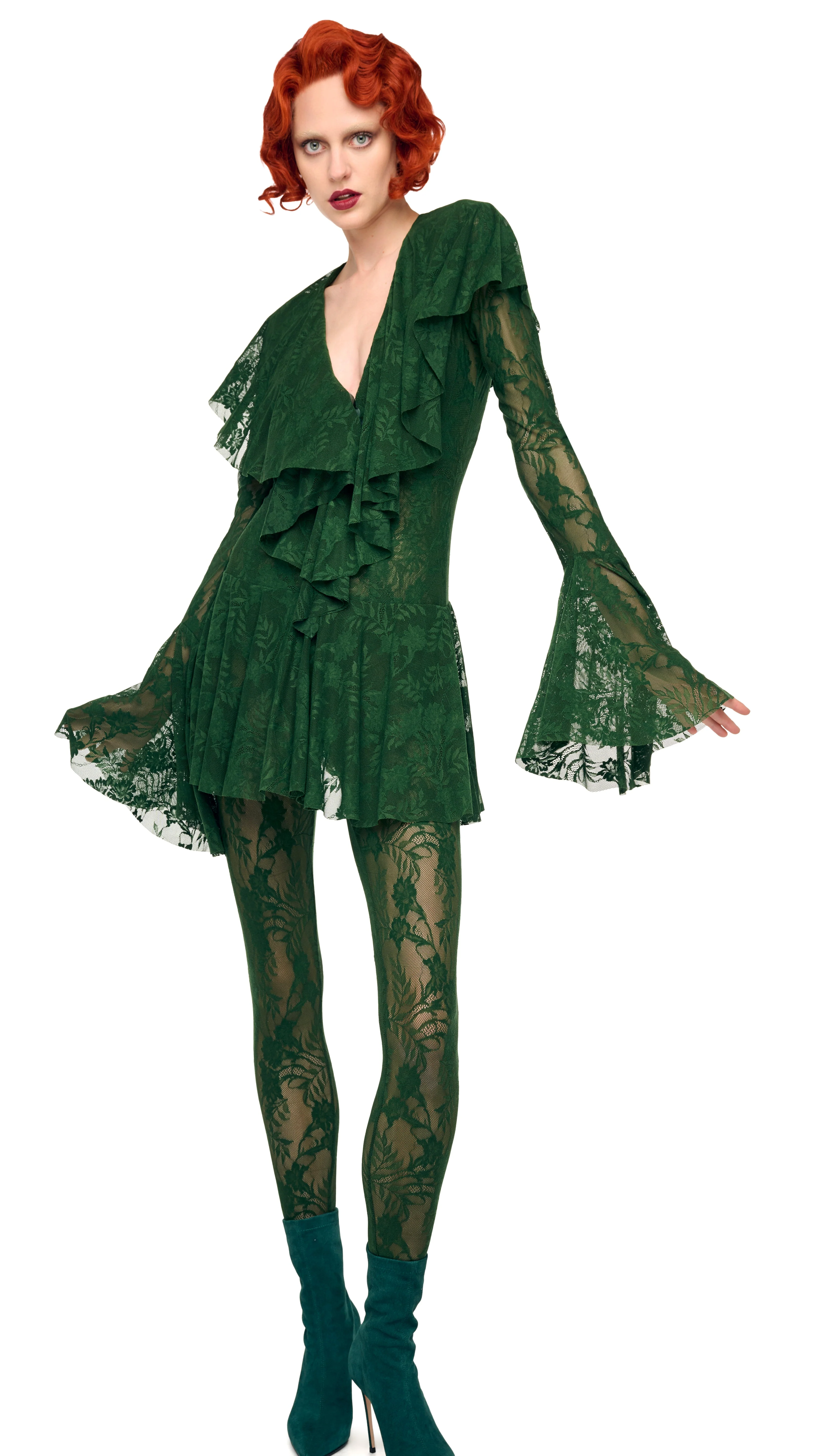 LONG SLEEVE DEEP V RUFFLE MINI DRESS - Image 4