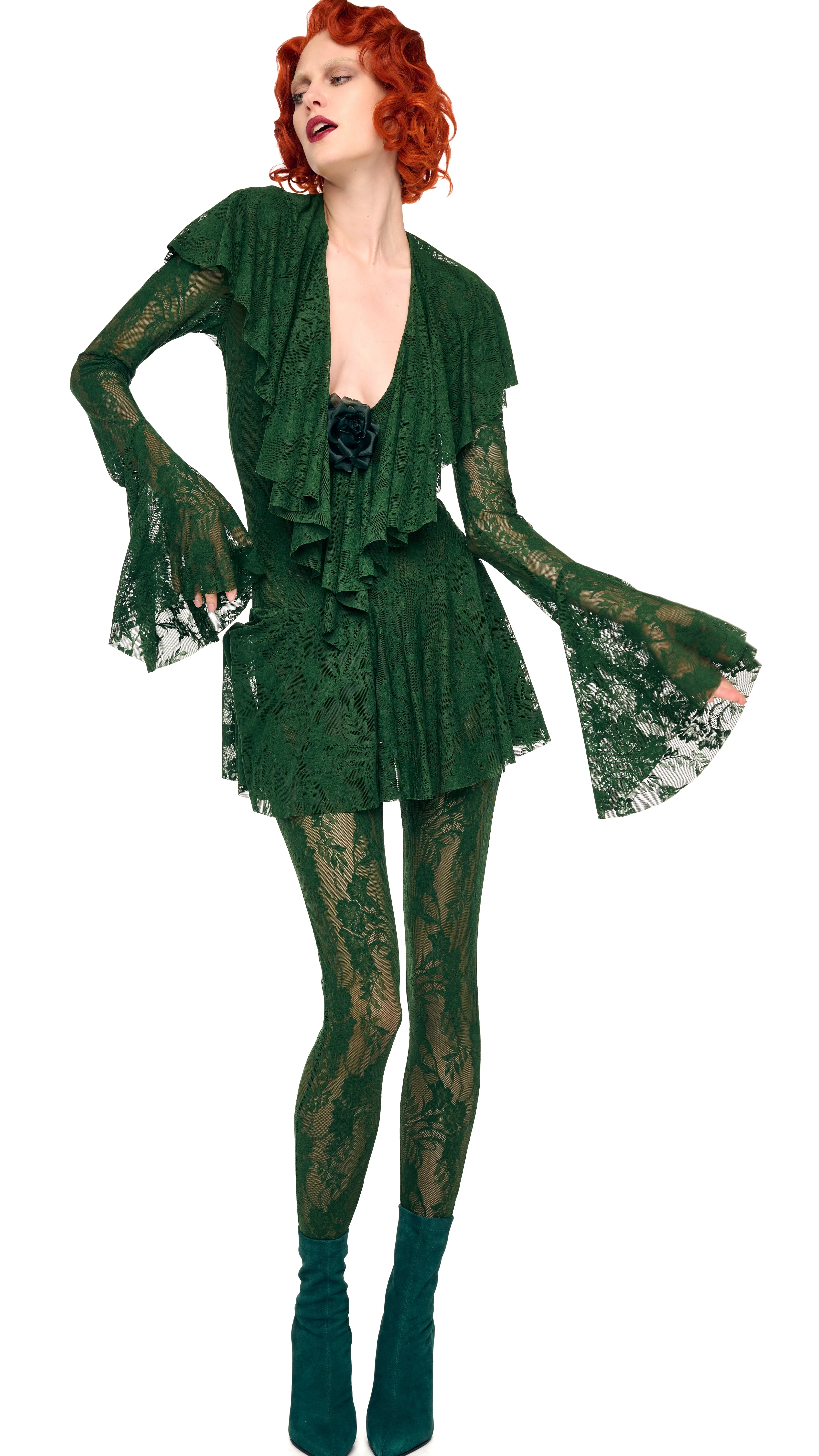LONG SLEEVE DEEP V RUFFLE MINI DRESS - Image 5