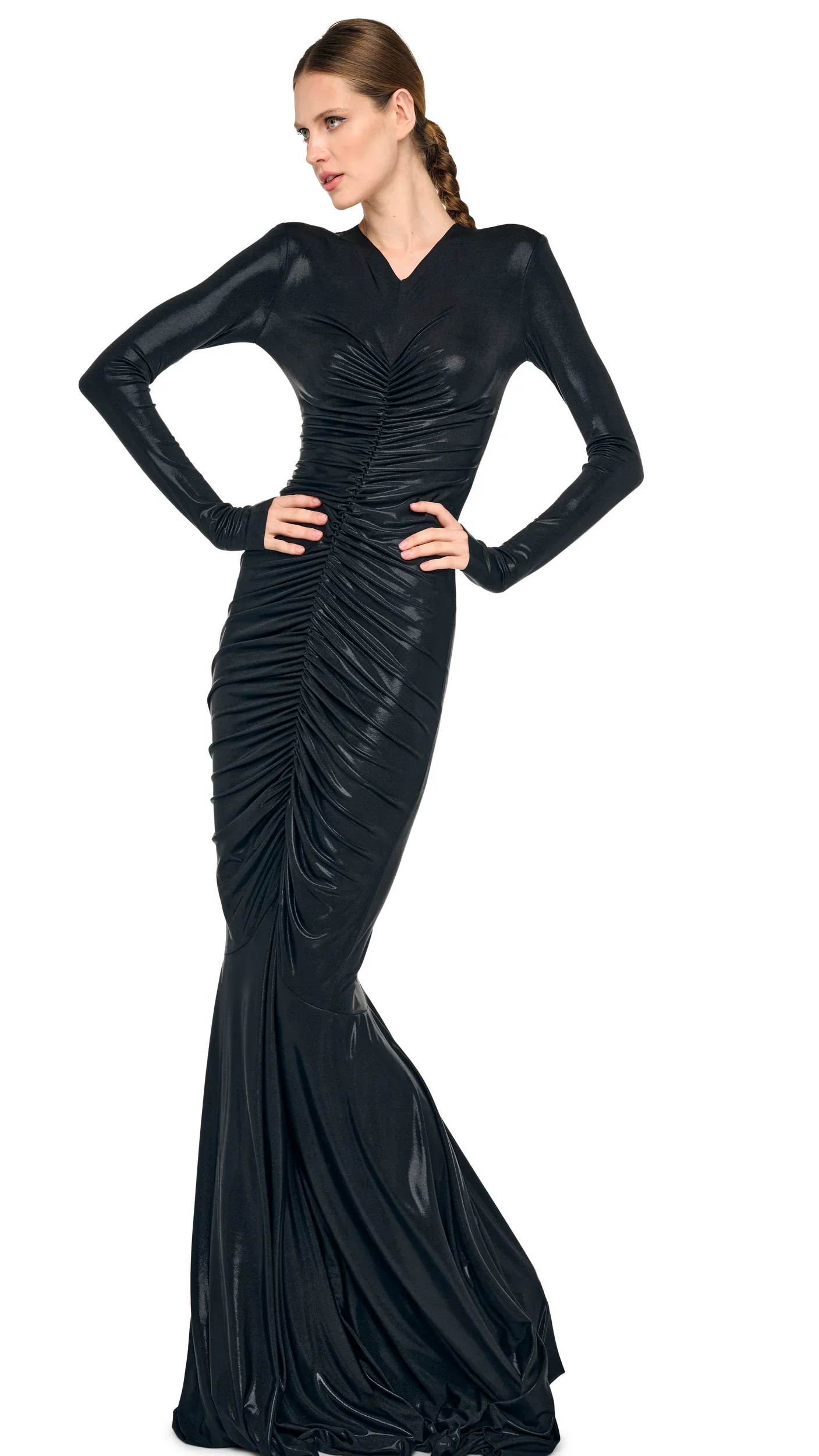 LONG SLEEVE V NECK SHIRRED FISHTAIL GOWN
