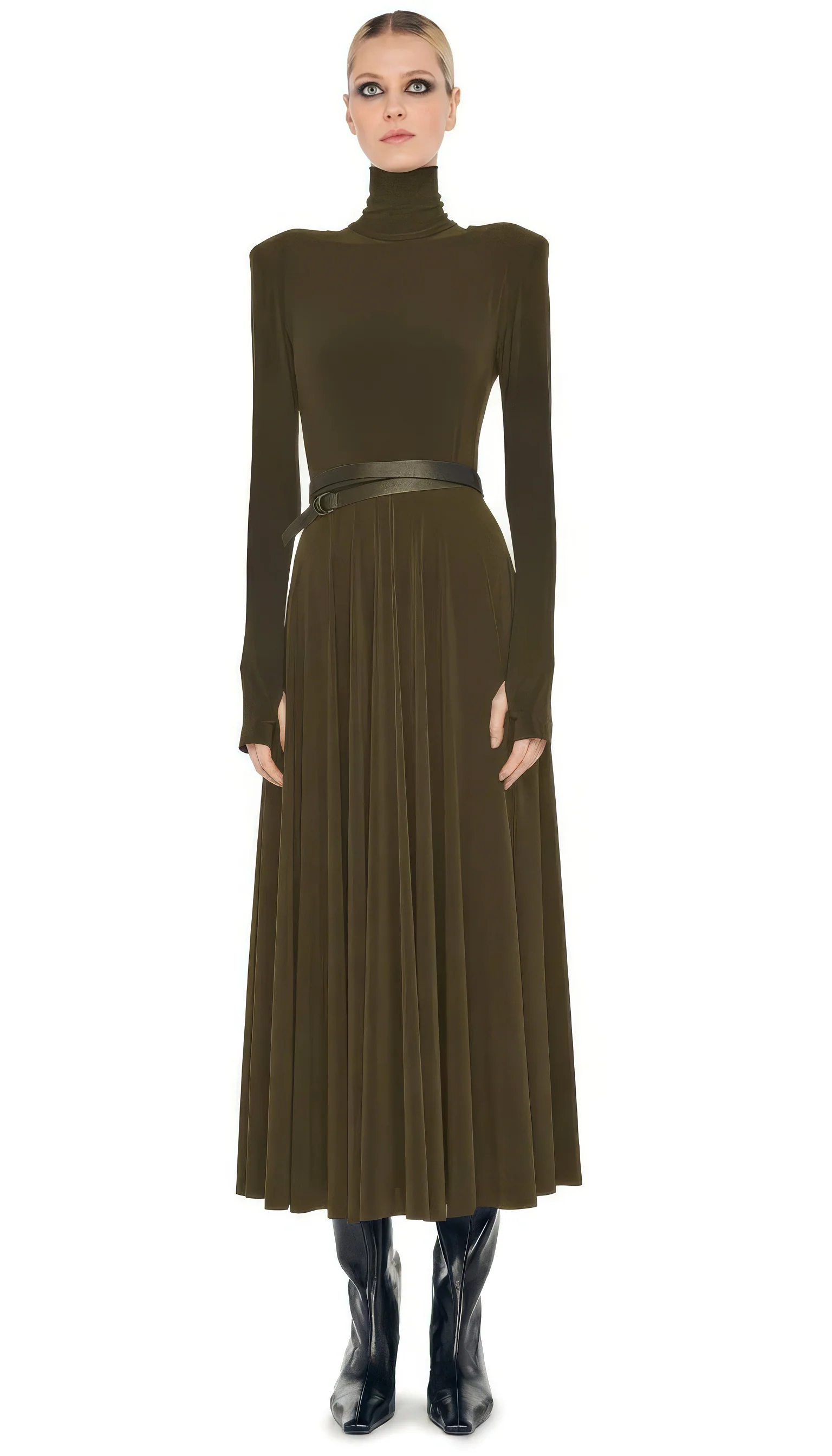 LS SHOULDER PAD TURTLE FLARED DRESS